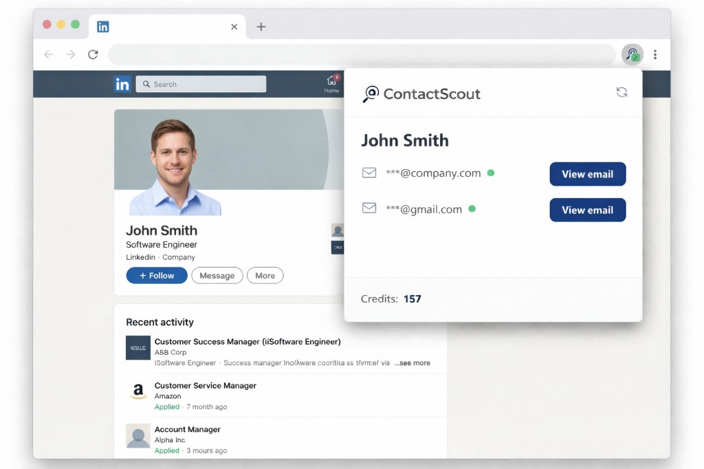 ContactScout browser extension popup on a LinkedIn profile showing email lookup