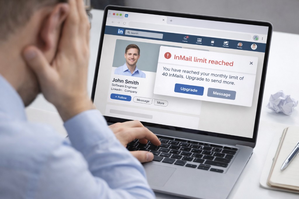 Recruiter at a laptop showing LinkedIn with an InMail limit reached modal