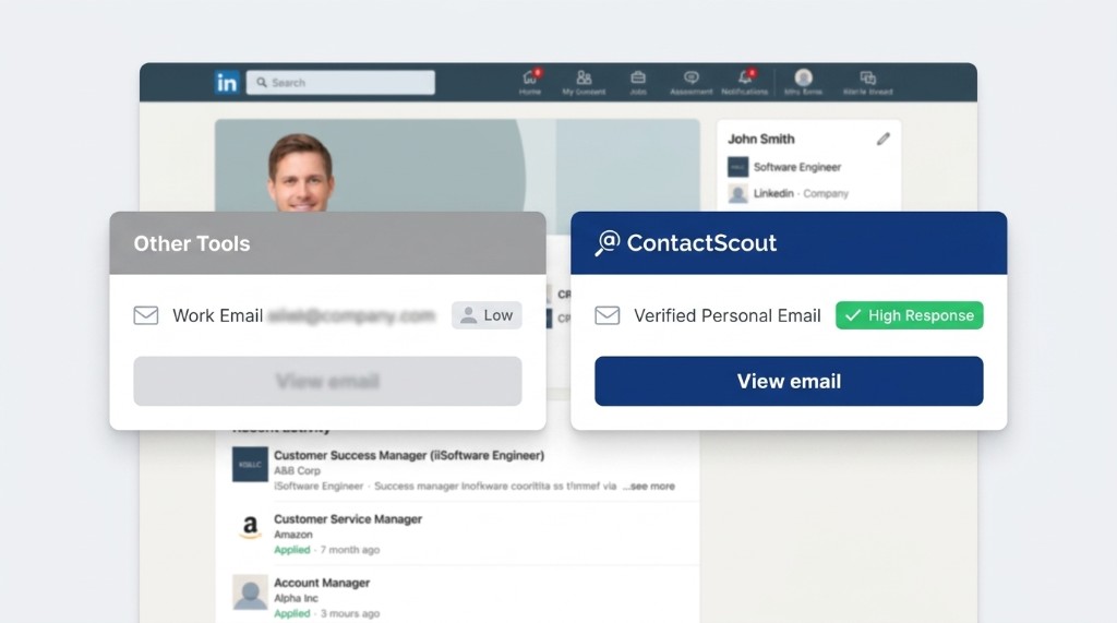 Comparison of other email finder tools versus ContactScout on a LinkedIn profile: verified personal email with high response